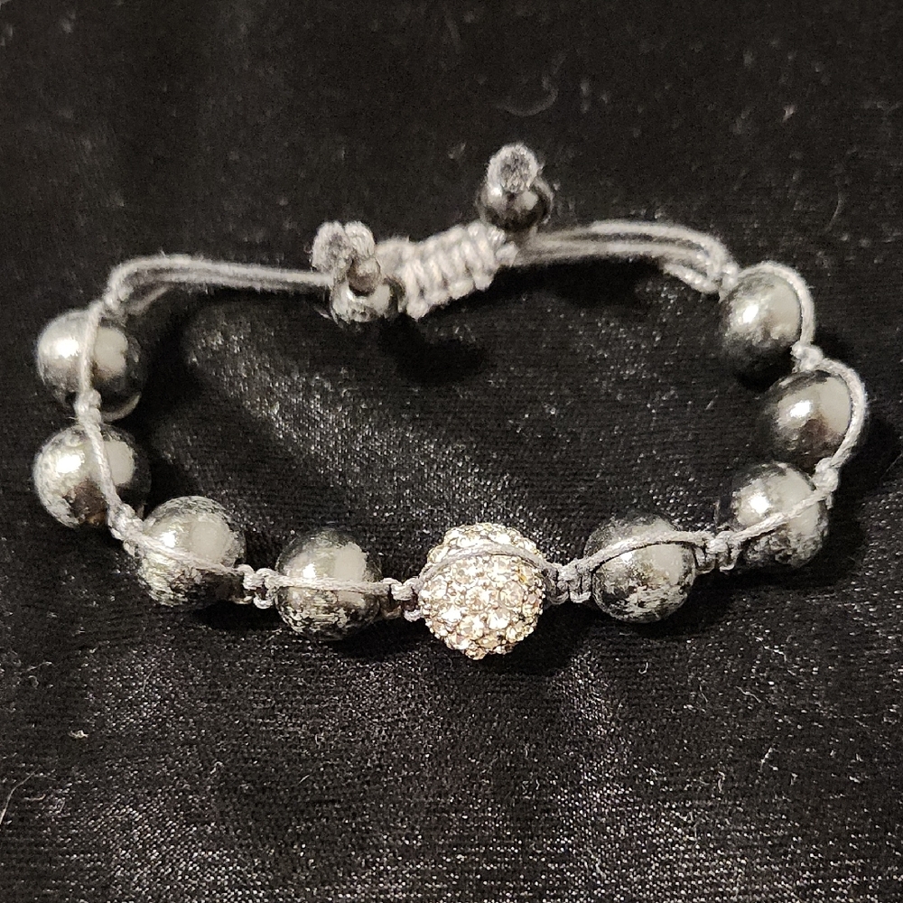 Black Crystal Shamballa Bracelet with Metallic Beads